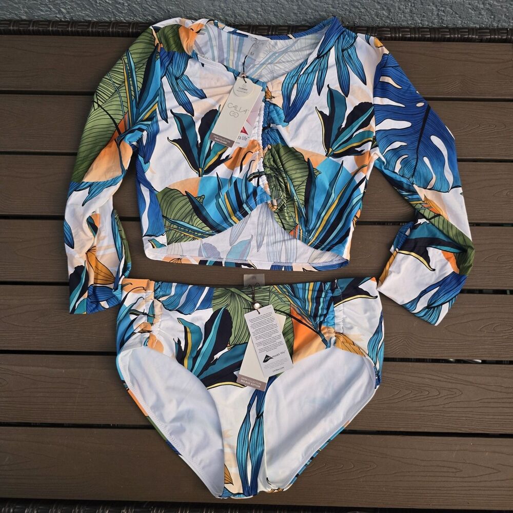 CALIA Women Botanical Rouched Rash Guard & Tie Front Adjustable Bikini Sz M New